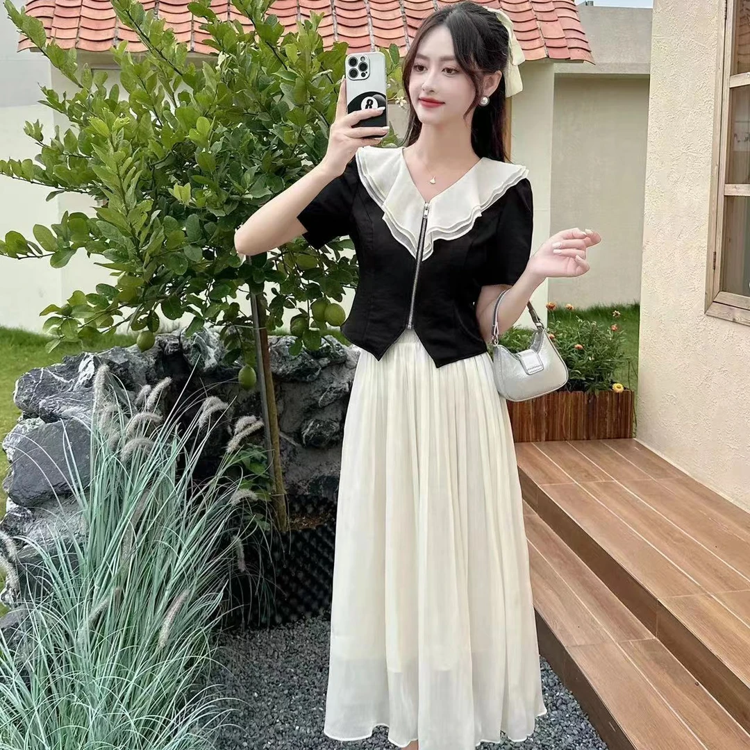 莫奈花园风小香风短袖娃娃领减龄套装针织修身收腰显瘦显高设计感