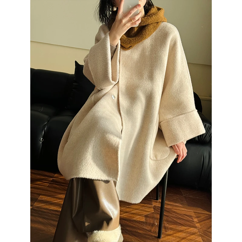 3619【特】慵懒风廓形骆驼绒大衣女oversize加厚双面呢羊毛外套冬