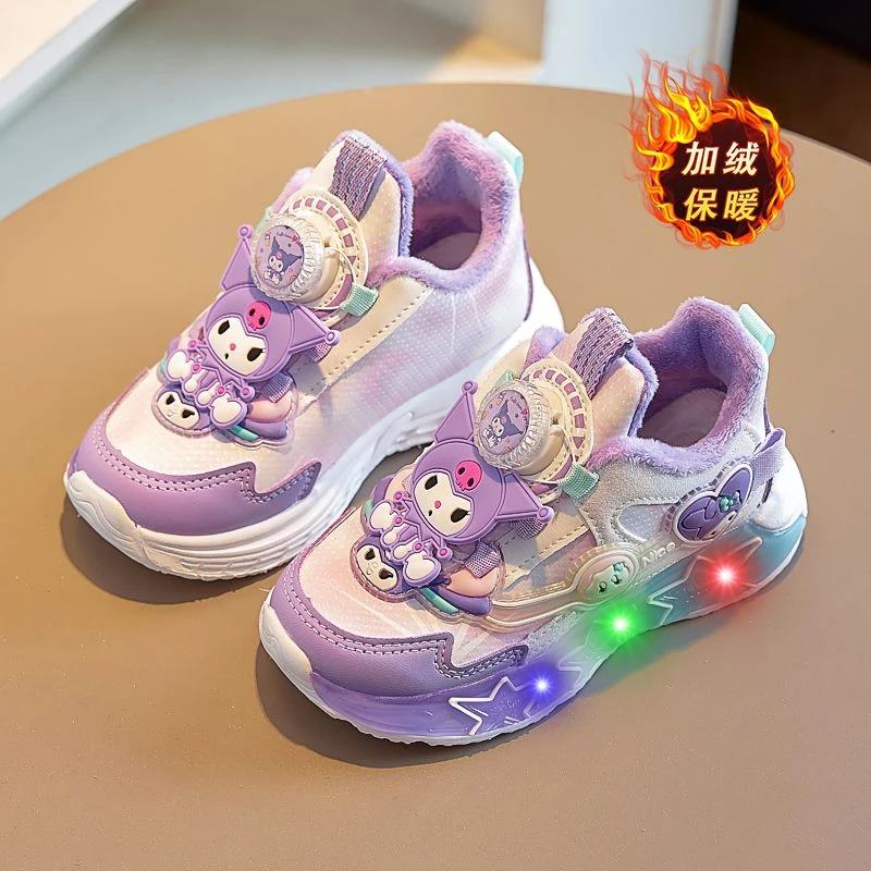 女童新款旋转纽扣库洛米发光鞋儿童加绒二棉运动鞋女孩卡通公主鞋
