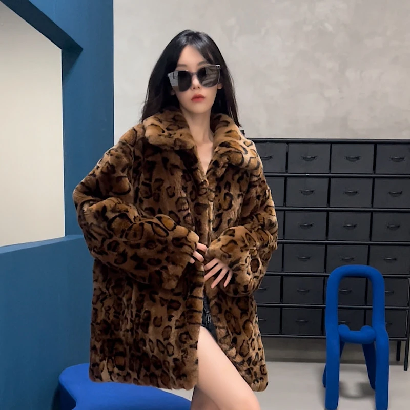 0624安哥拉进口獭兔毛翻领中长款豹纹皮草外套女