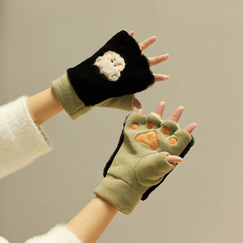 可爱卡通小熊半指毛绒手套女秋冬季韩版加绒保暖办公写字加厚防寒