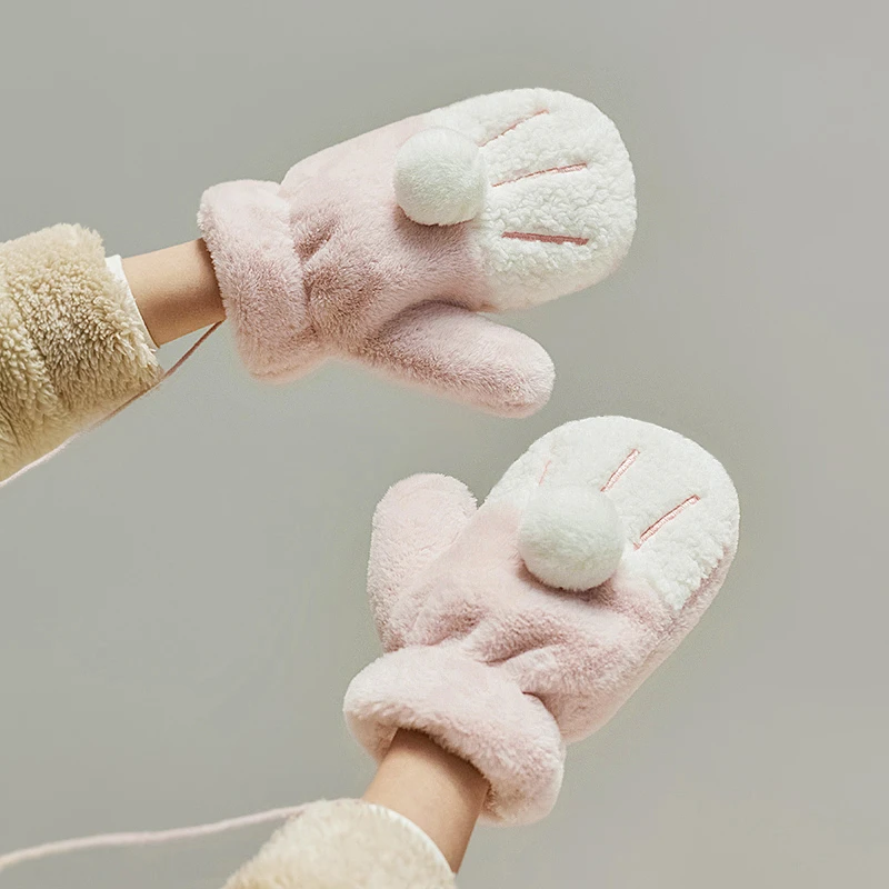 仿兔毛可爱猫爪子毛绒保暖手套冬季女学生加绒加厚骑车挂脖带绳子