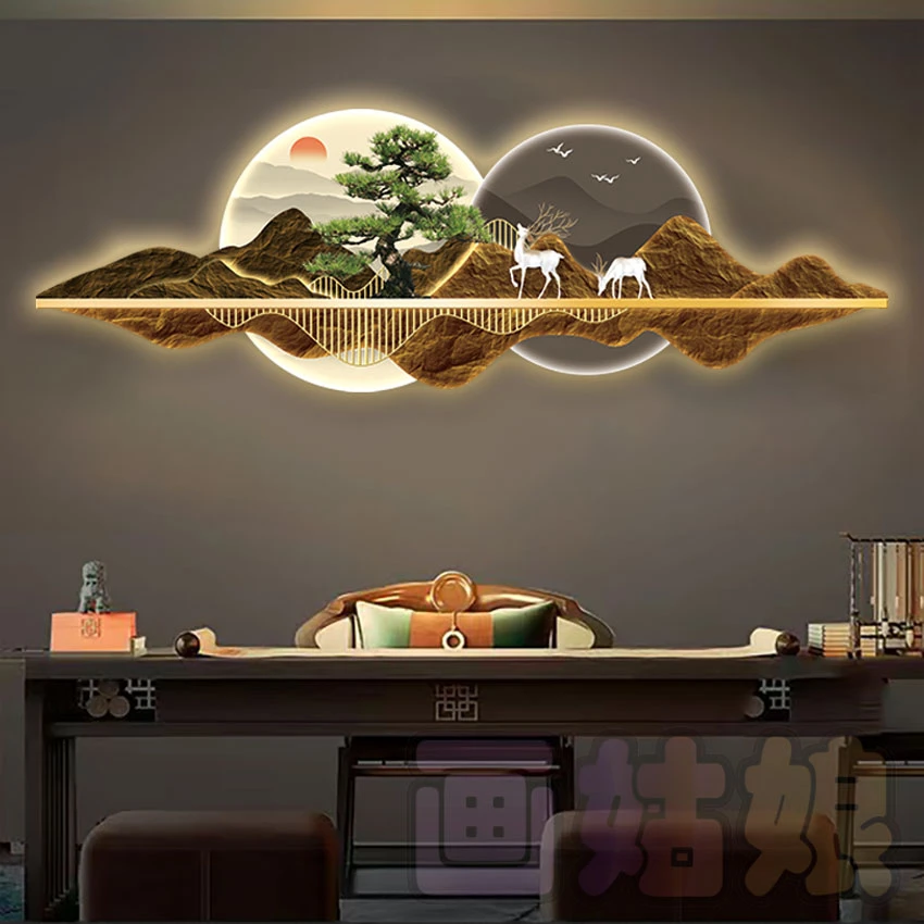 新中式迎客松山水画现代简约轻奢客厅装饰画沙发背景墙壁led灯画