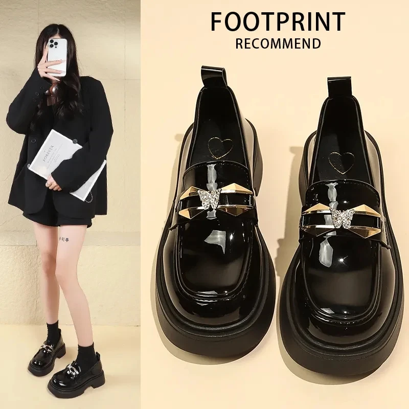 黑色圆头乐福鞋女厚底2024新款粗跟浅口单鞋英伦风小皮鞋春秋百搭