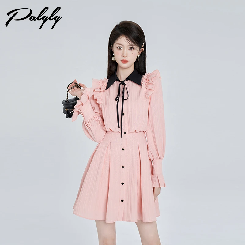 Palglg【48h现现飞】甜美显瘦连衣裙灯笼长袖少女粉短裙-33PDA41007