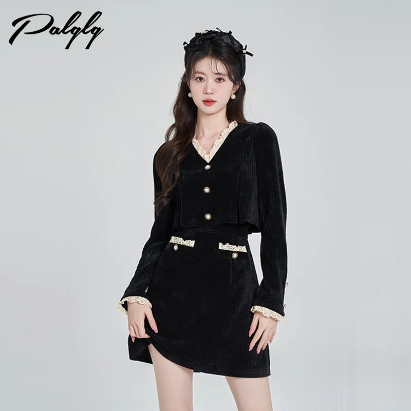 【palglg】黑色法式小香风假两件灯芯绒连衣裙V领女秋季-33PDA41327