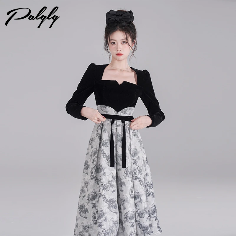 【palglg】水墨画丝绒连衣裙方领内搭长裙过膝秋冬新款-33PDA41484