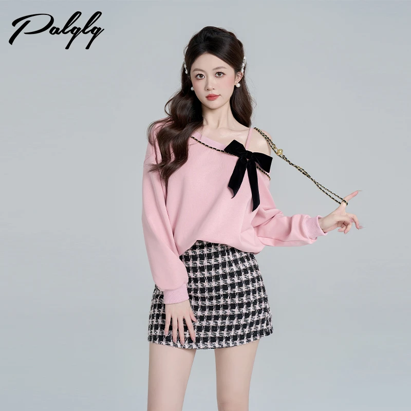 小香风斜肩粉色卫衣女新款宽松休闲短款圆领套头上衣-43PTF42804