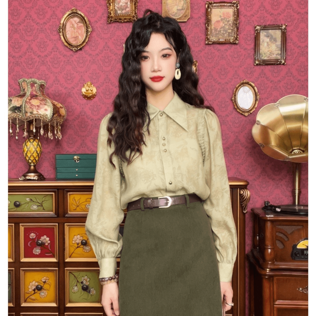 多多【青墨风芊】港味复古长袖衬衫百搭气质衬衣宽松上衣17586