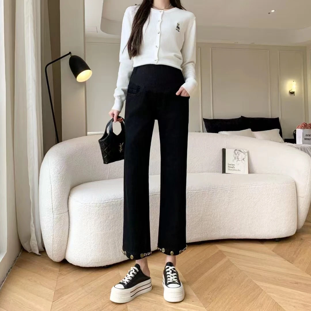 孕妇后裤脚开叉牛仔烟管裤1020
