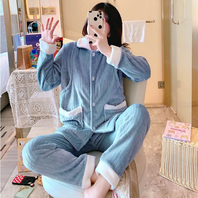 (孕期哺乳两穿)高品质法兰绒翻领家居月子服(上衣+裤子)