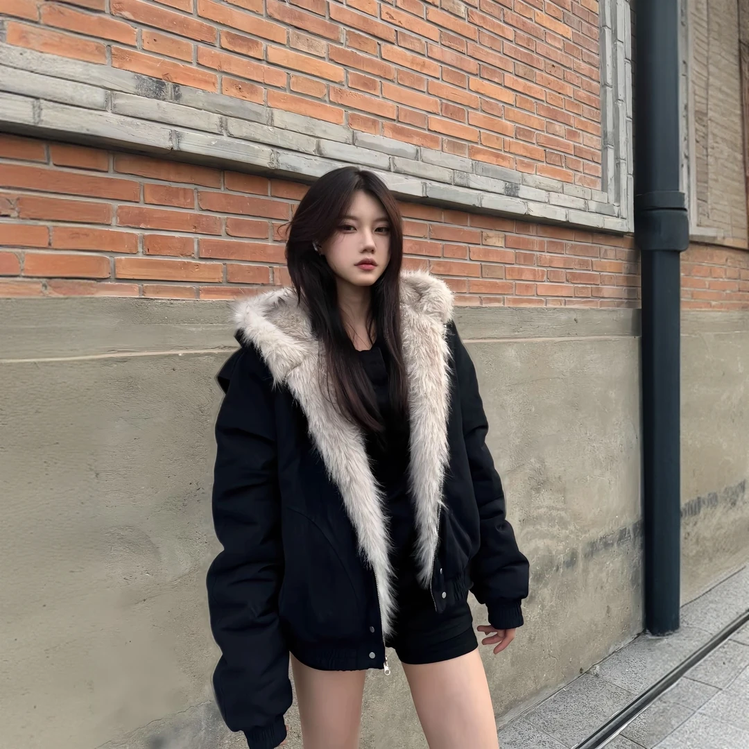 美式复古时尚高级感牛仔棉服外套女冬季新款带毛茸茸夹棉毛领棉衣