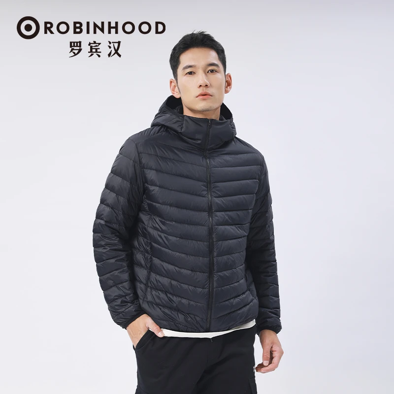 罗宾汉秋冬轻薄款休闲男款连帽白鸭绒羽绒服户外保暖男士时尚