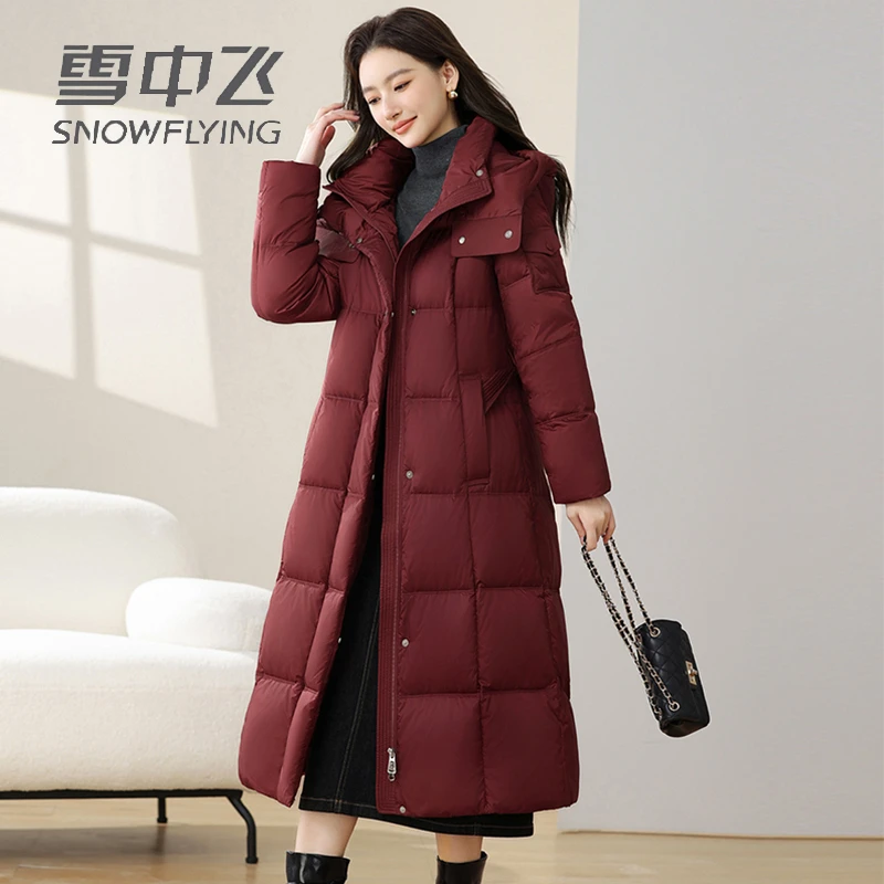 雪中飞羽绒服中长款2025新款冬季舒适保暖收腰显瘦过膝鹅绒外套F