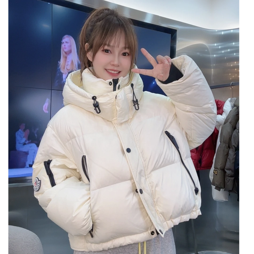 冬季新款2024时尚百搭气质羽绒服短款连帽免洗亮面白鸭绒女装0887