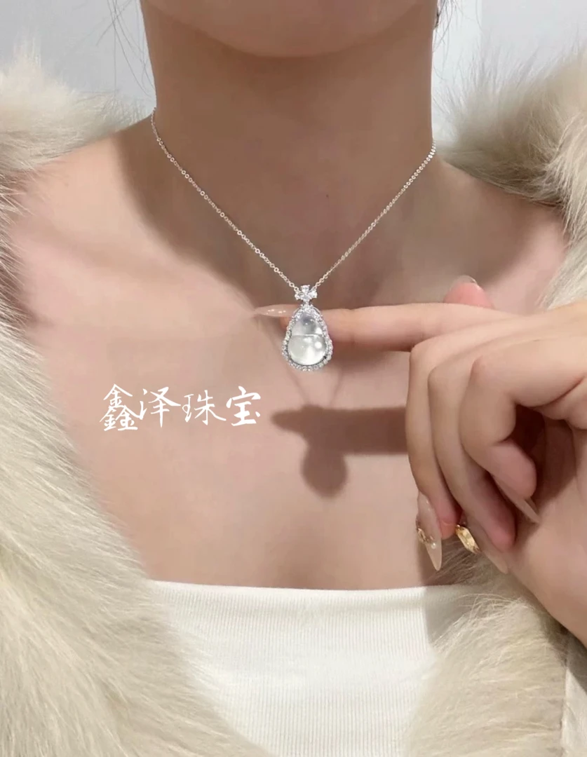 〖玉福禄〗S925银项链天然高冰玛瑙玉髓葫芦冰透底镶嵌成品福禄满