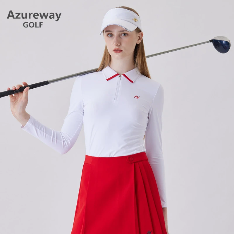 Azureway高尔夫女长袖立翻领速干弹力修身T恤衫GOLF运动球上衣服