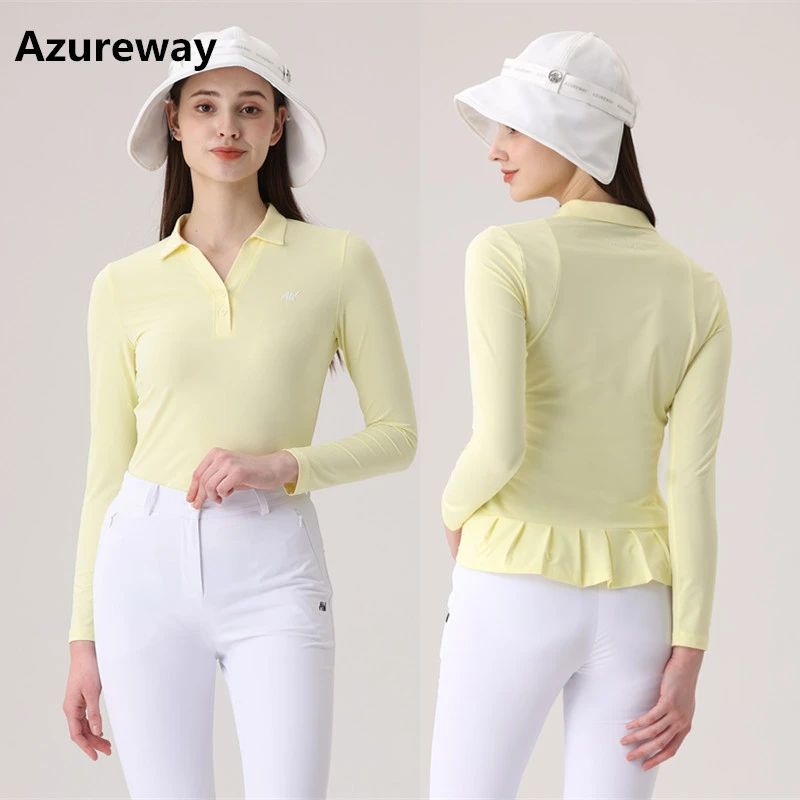 Azureway高尔夫V领防晒女长袖百褶速干弹力修身T恤衫GOLF球衣服装