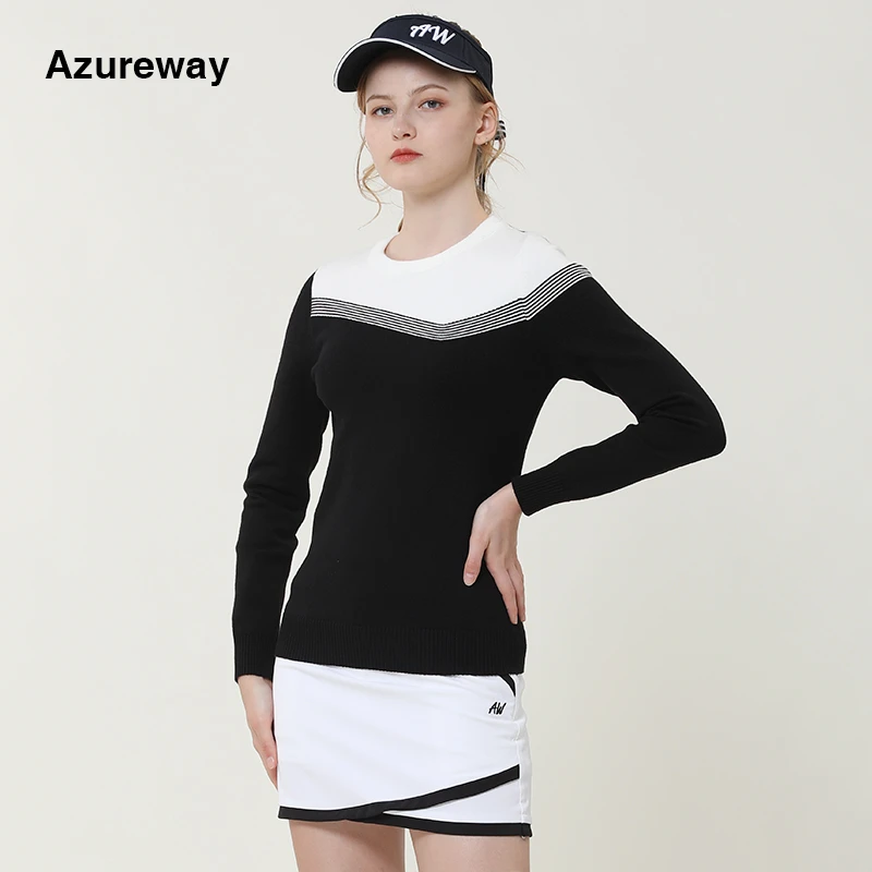 Azureway秋冬新款高尔夫女毛衣外套圆领保暖拼色上衣GOLF运动球服