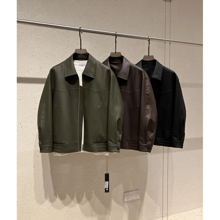 春季小yang皮纹理水洗PU皮翻领极简线条设计宽松廓形皮衣外套729