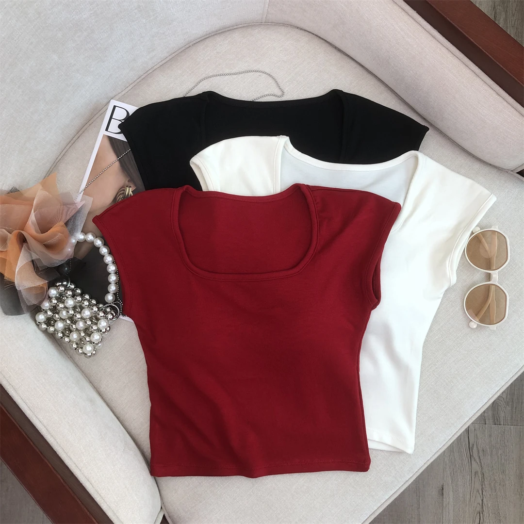 自留款严选推荐~甜辣妹内搭方领短袖t恤女夏季外穿带胸垫短款上衣