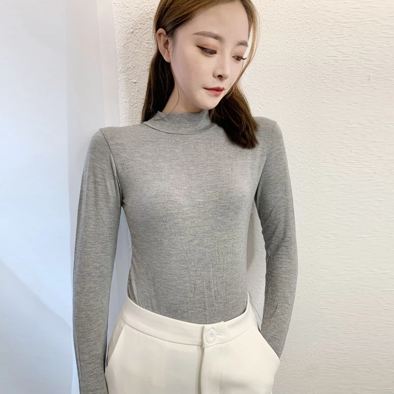 秋冬莫代尔中领打底衫半高领女士长袖T恤紧身大码秋衣防风上衣