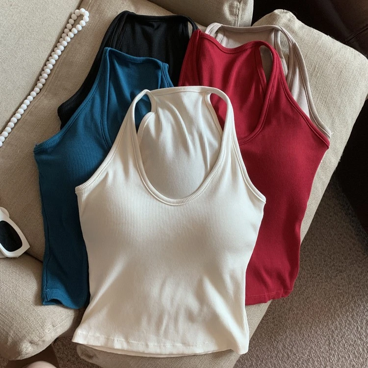 2024夏季螺纹气质v领设计感背心吊带女外穿带胸垫无袖短款上衣