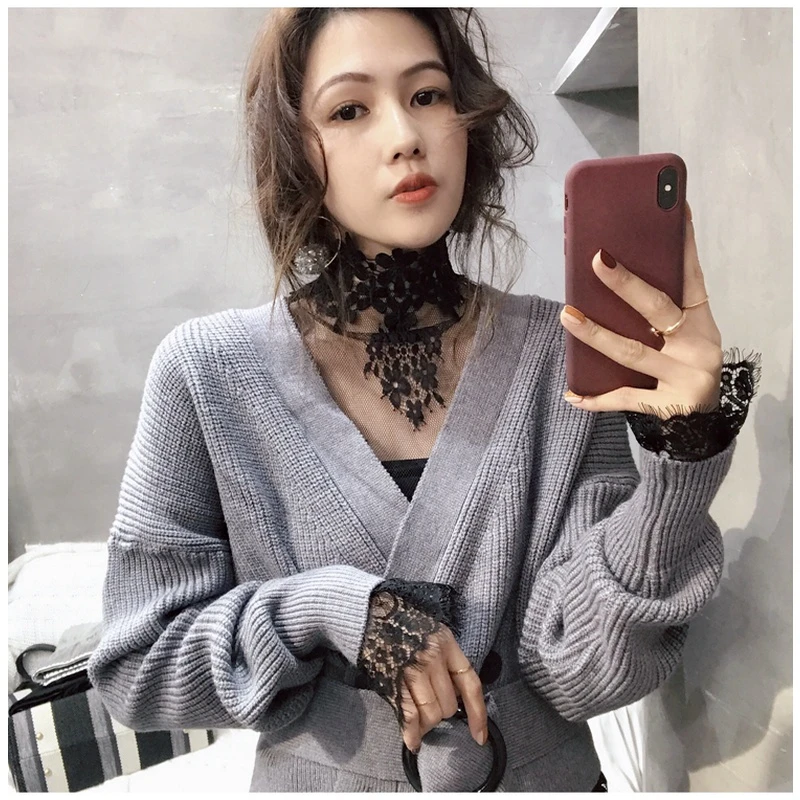 秋季立领打底衫女蕾丝内搭网纱长袖气质欧货小衫宽松上衣罩衫2021