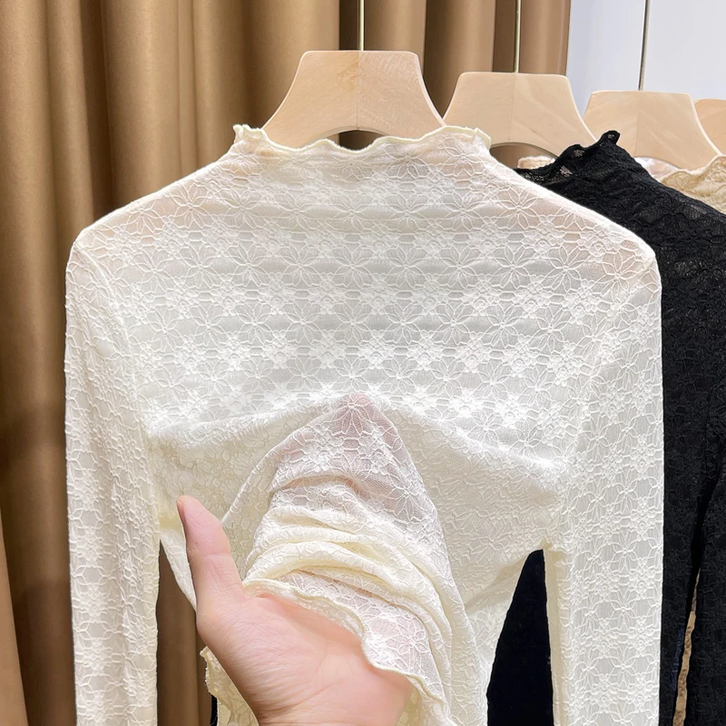 秋冬半高领蕾丝打底衫女2024新款洋气毛衣内搭薄款纱衣木耳边上衣