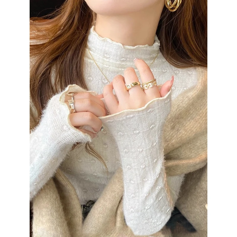 蕾丝半高领打底衫小香风内搭2023新款秋冬设计感木耳边长袖上衣女