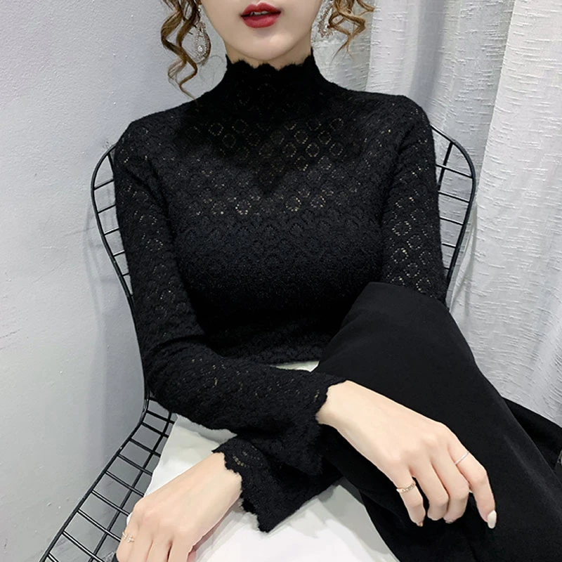 欧洲站秋冬半高领蕾丝打底衫女长袖2023年新款修身内搭镂空上衣