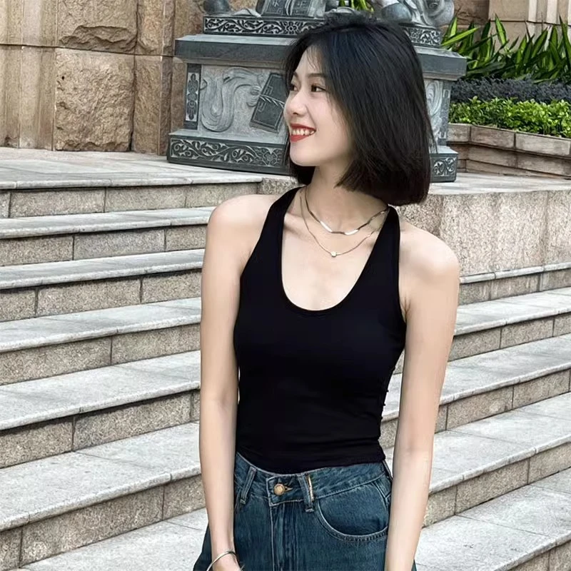 黑色挂脖工字吊带背心女夏外穿2024新款修身内搭短款无袖打底上衣