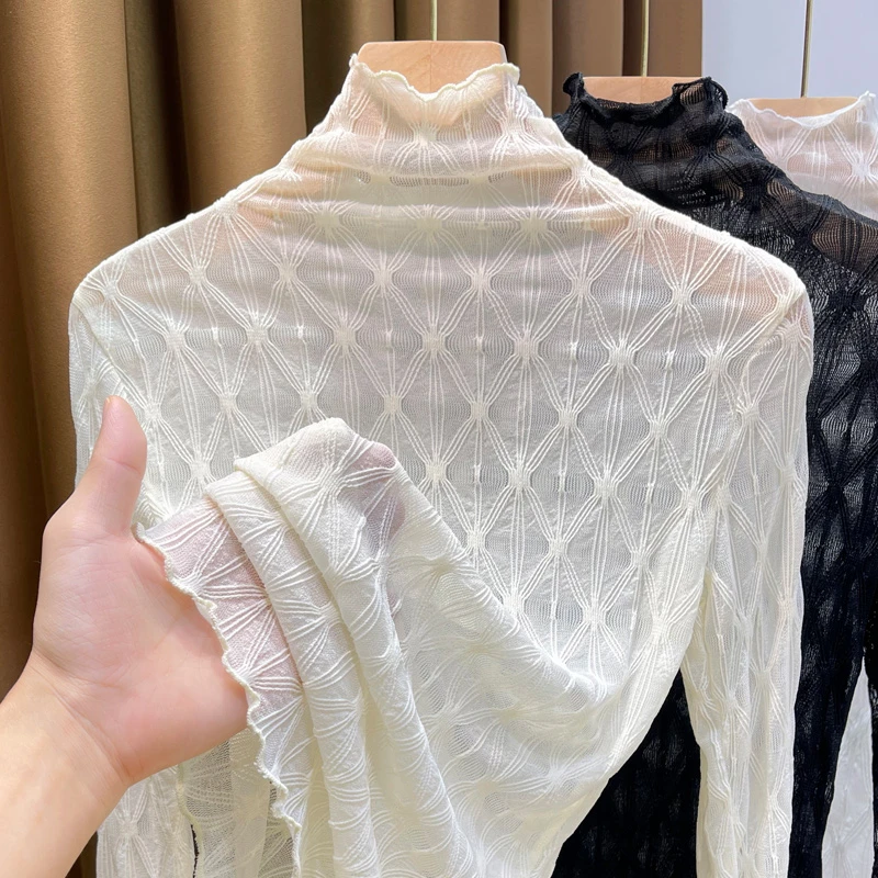 木耳边高领加绒蕾丝小衫女2023新款网纱打底衫女内搭长袖薄款纱衣