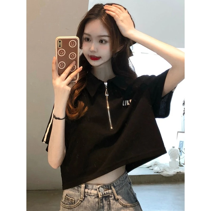 纯棉polo衫宽松显瘦正肩短袖t恤女夏季小个子短款上衣港味chic潮