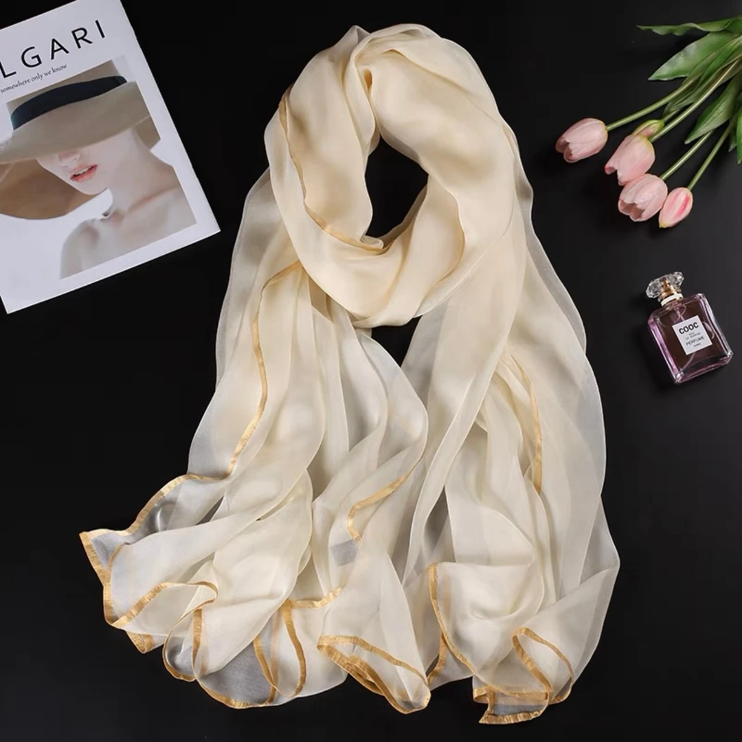 100%桑蚕丝巾高品质真丝围巾女百搭保暖米白色时尚秋冬季装饰披肩