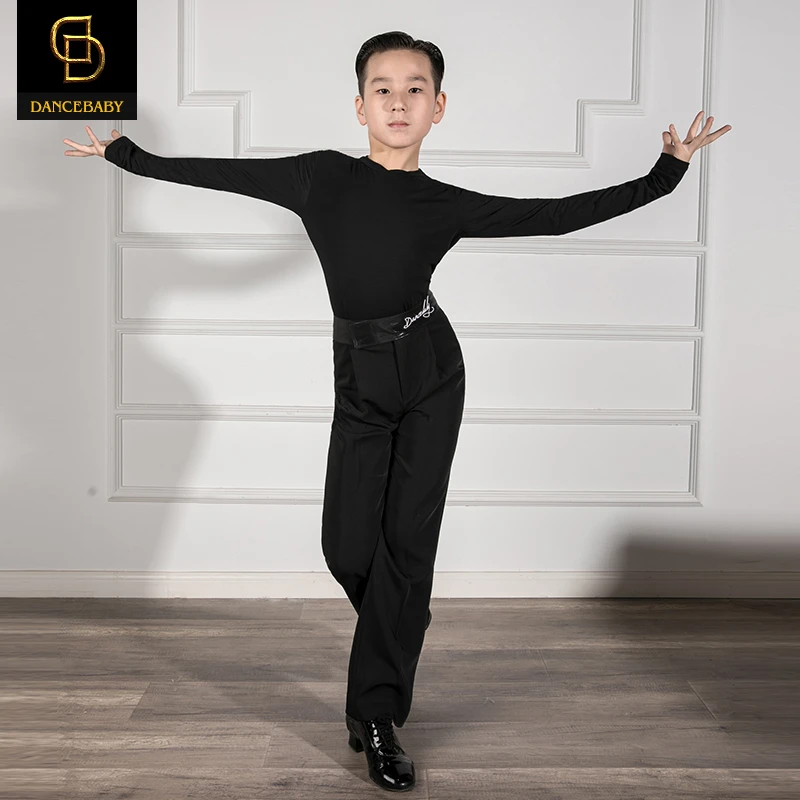 dancebaby拉丁舞蹈服男童练功服圆领长袖上衣国标舞演出服DAS97