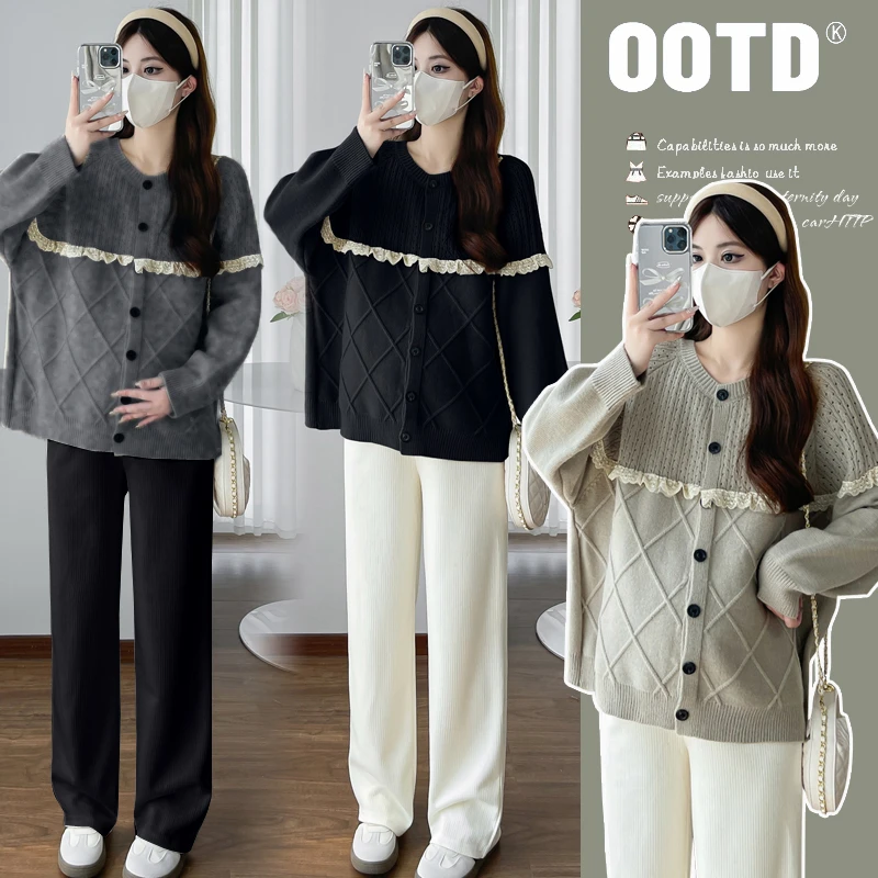 【豆豆妈】孕妇装新款秋冬赫本风高级感百搭外套木耳边气质毛衣开衫