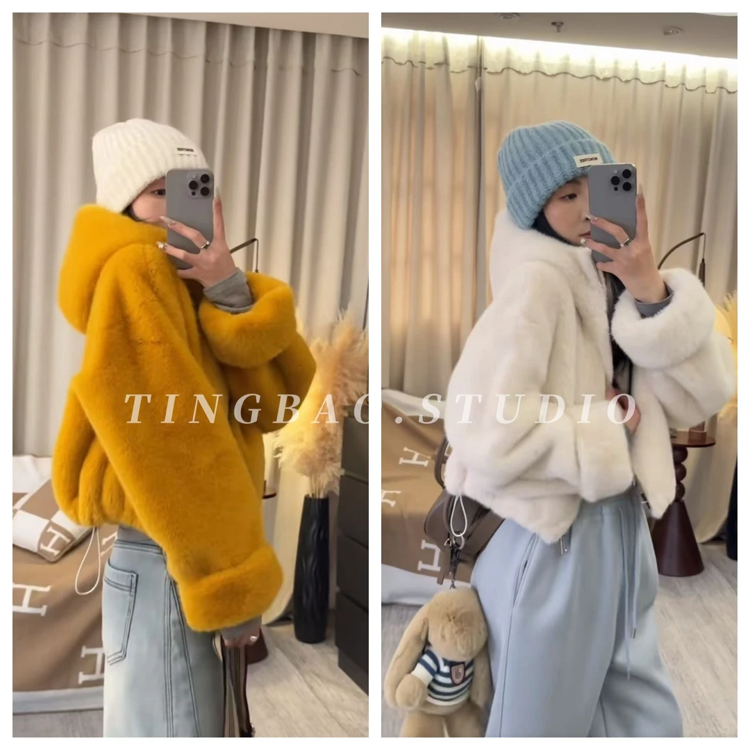 【软呼呼】冬季新款韩系软糯短款保暖毛绒绒拉链连帽外套