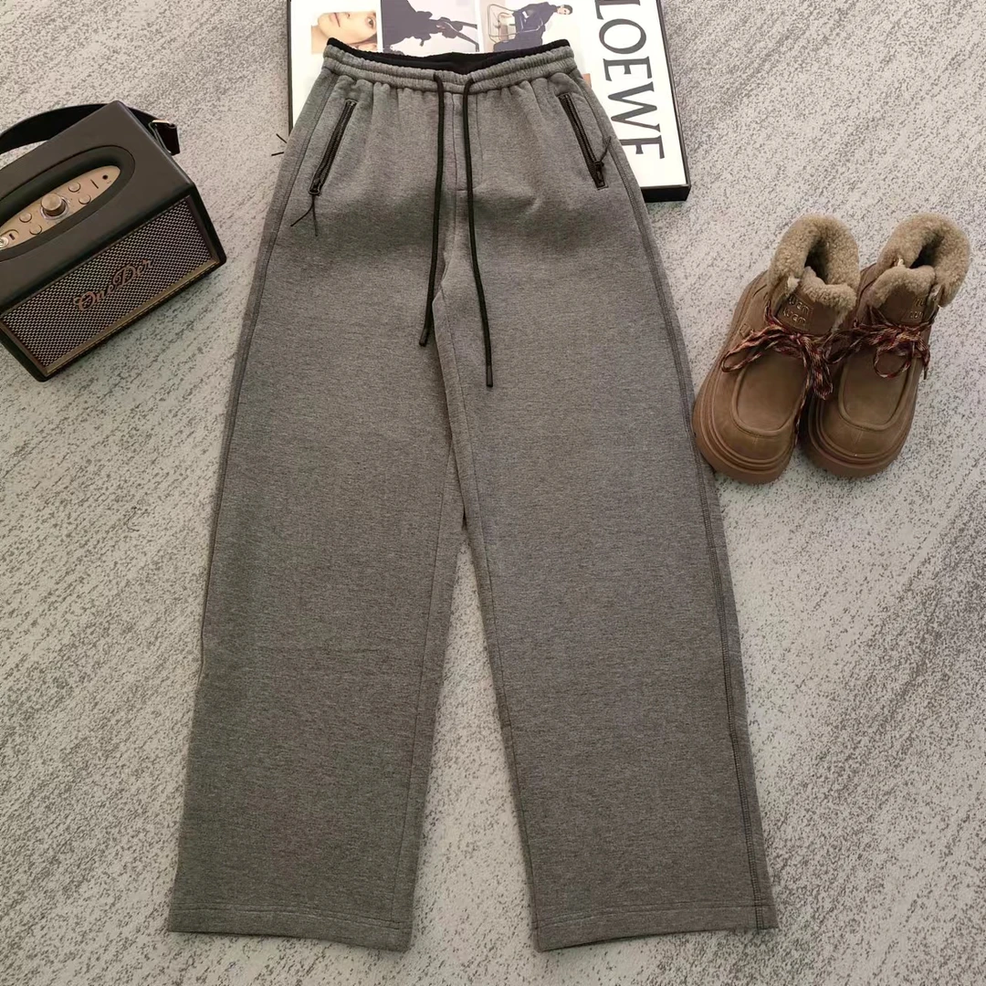 【松灰】磨毛款~秋冬季设计感撞色松紧腰头显瘦直筒休闲裤236168