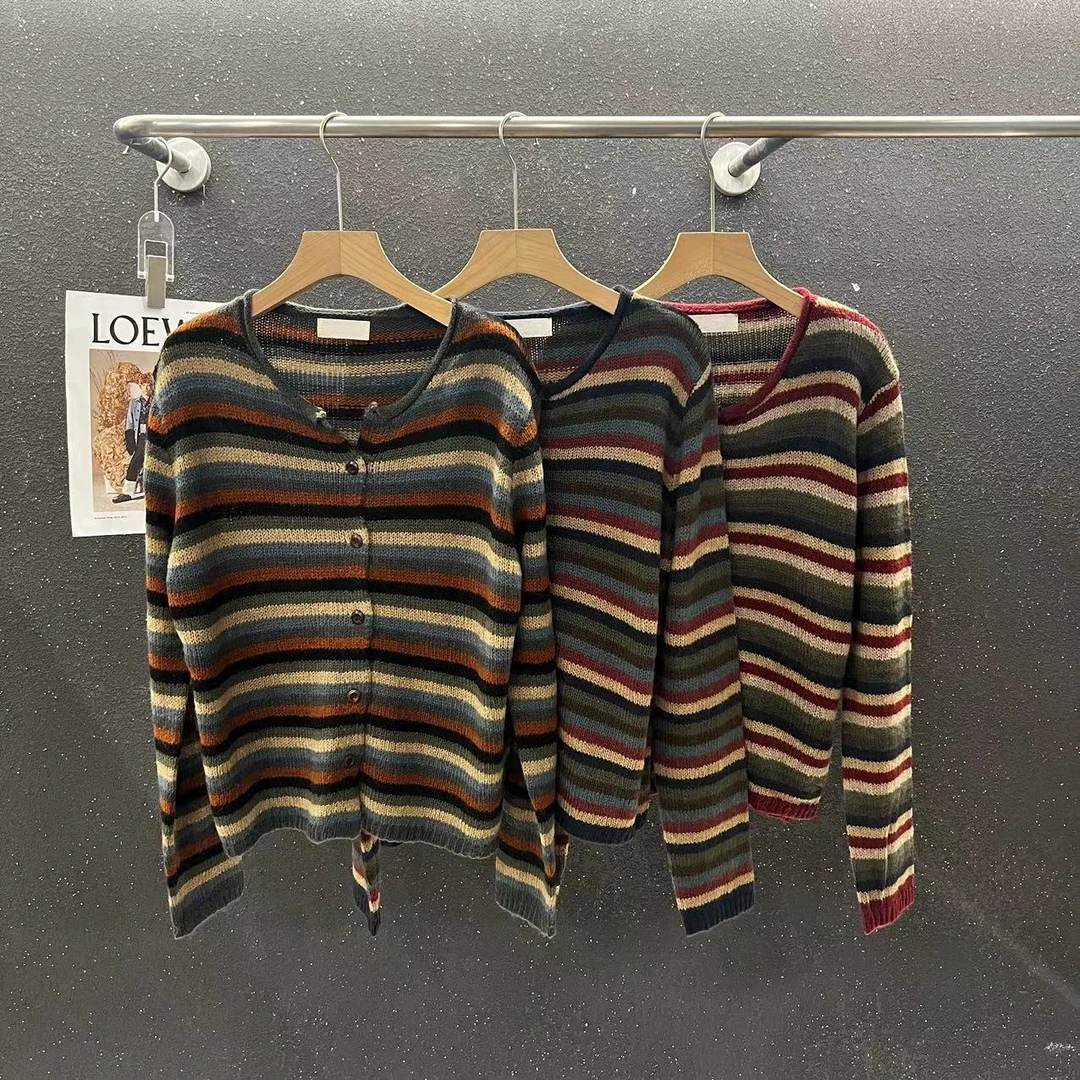 【楠枫】秋冬新款港风复古撞色条纹百搭显瘦毛衣开衫38260