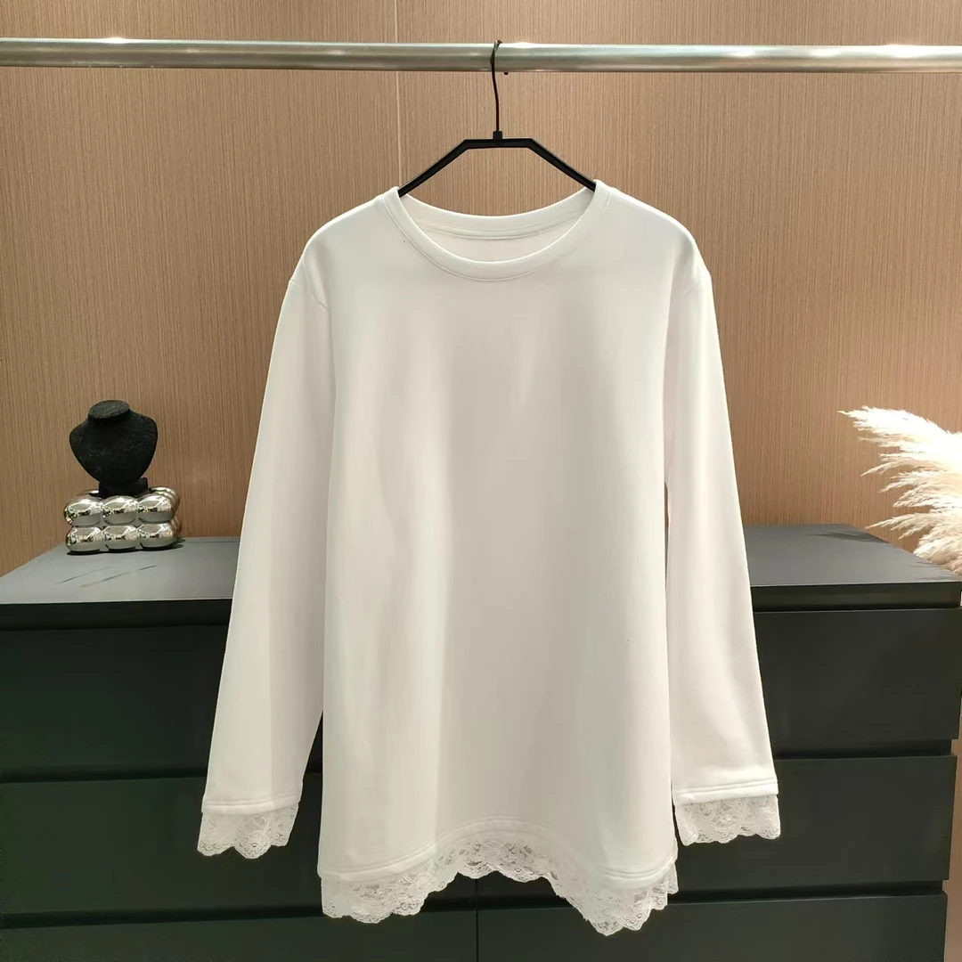 【圆领蕾丝款】加绒~100%棉冬季时尚减龄蕾丝拼接圆领叠穿上衣12073