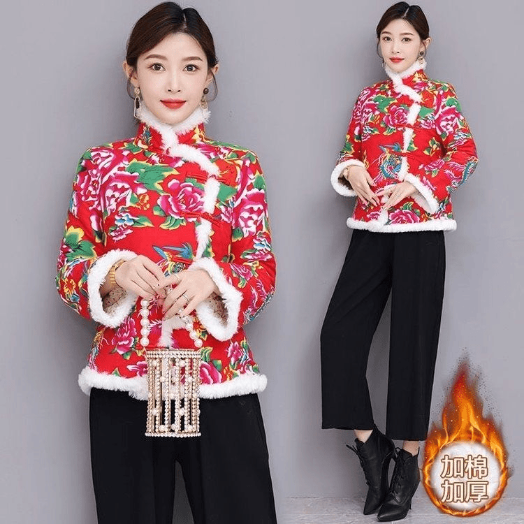 网红冬季东北大花袄棉袄女冬加厚民族风半高领时尚盘扣过年棉服