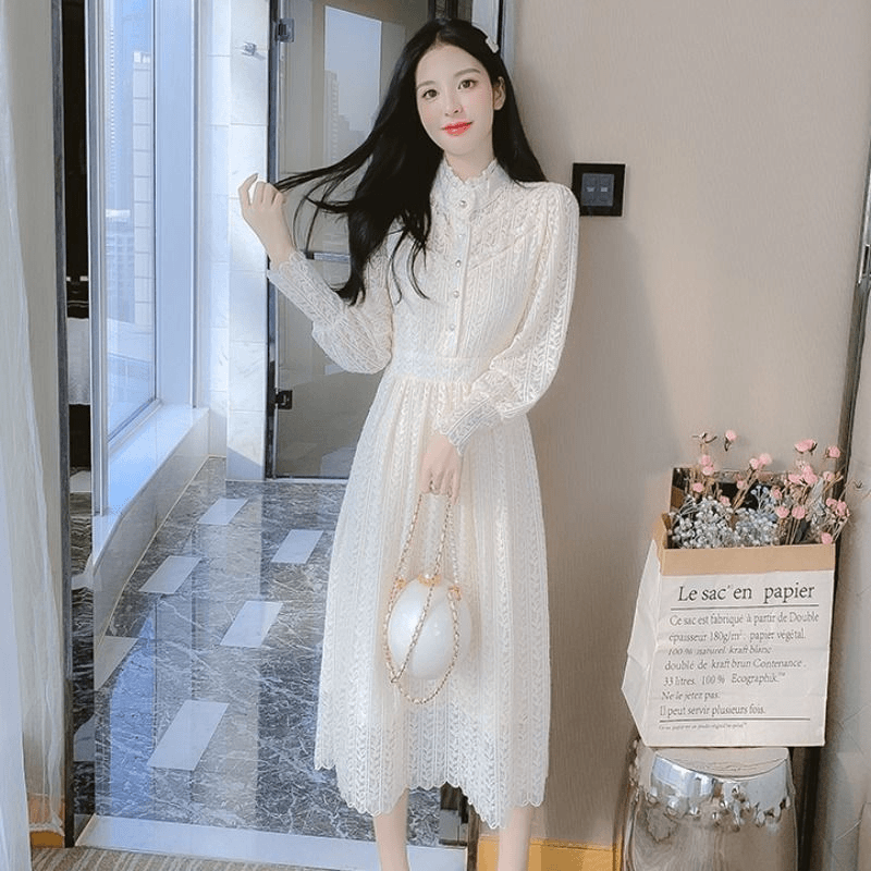 蕾丝连衣裙春款2023春秋新款气质中长裙打底加厚冬裙小个子内搭裙