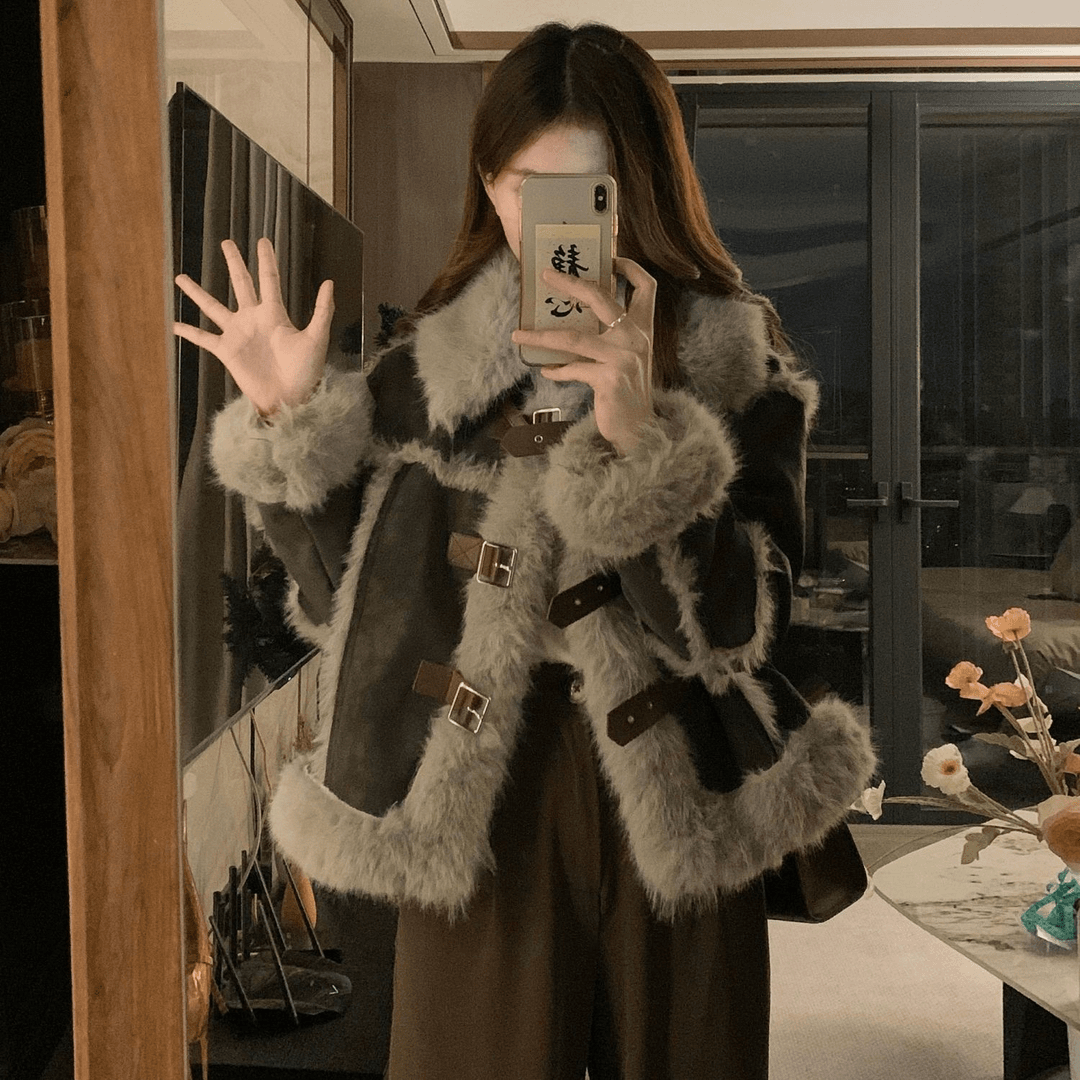 羊羔毛外套女冬季2023新款皮毛一体机车服小个子加厚羊羔绒上衣