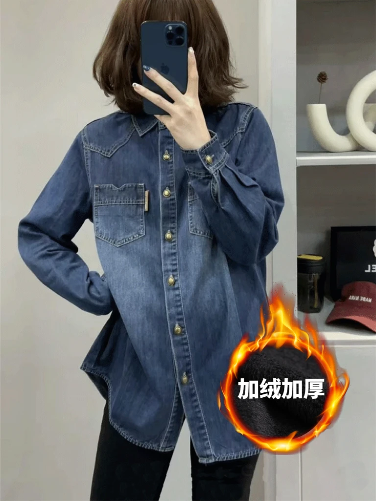 加绒牛仔衬衫女秋冬2023新款宽松设计感叠穿上衣休闲加厚衬衣外套