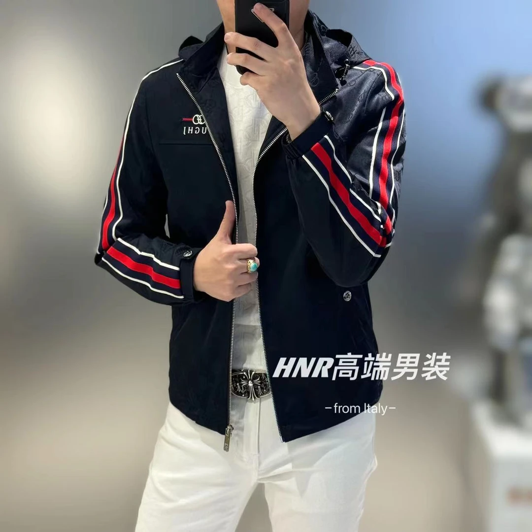 条纹撞色字母胸标图案新款高端男士时尚休闲百搭潮流夹克外套2169
