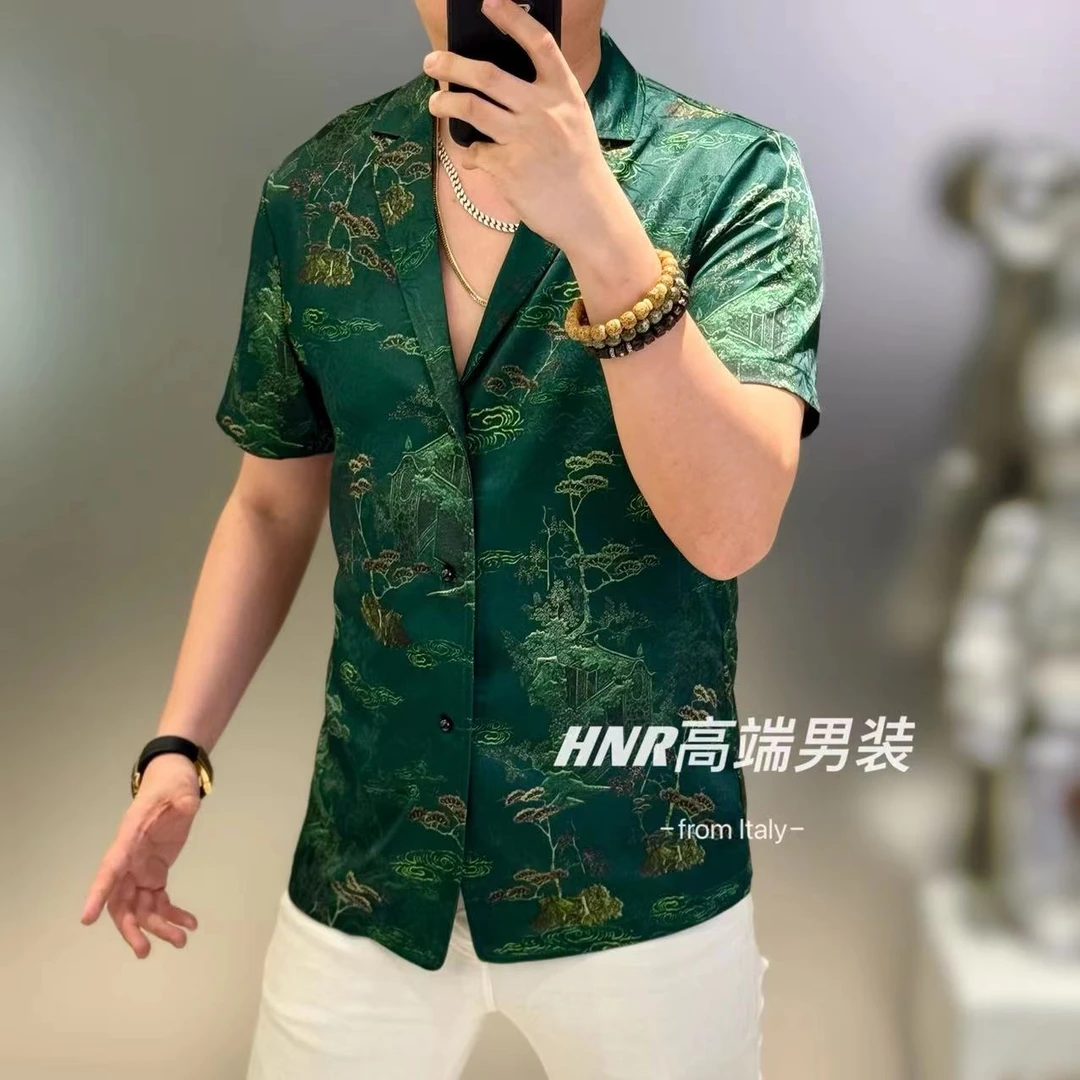 2024新款复古玉树临风短袖西装夏季男士休闲时尚印花西服7049