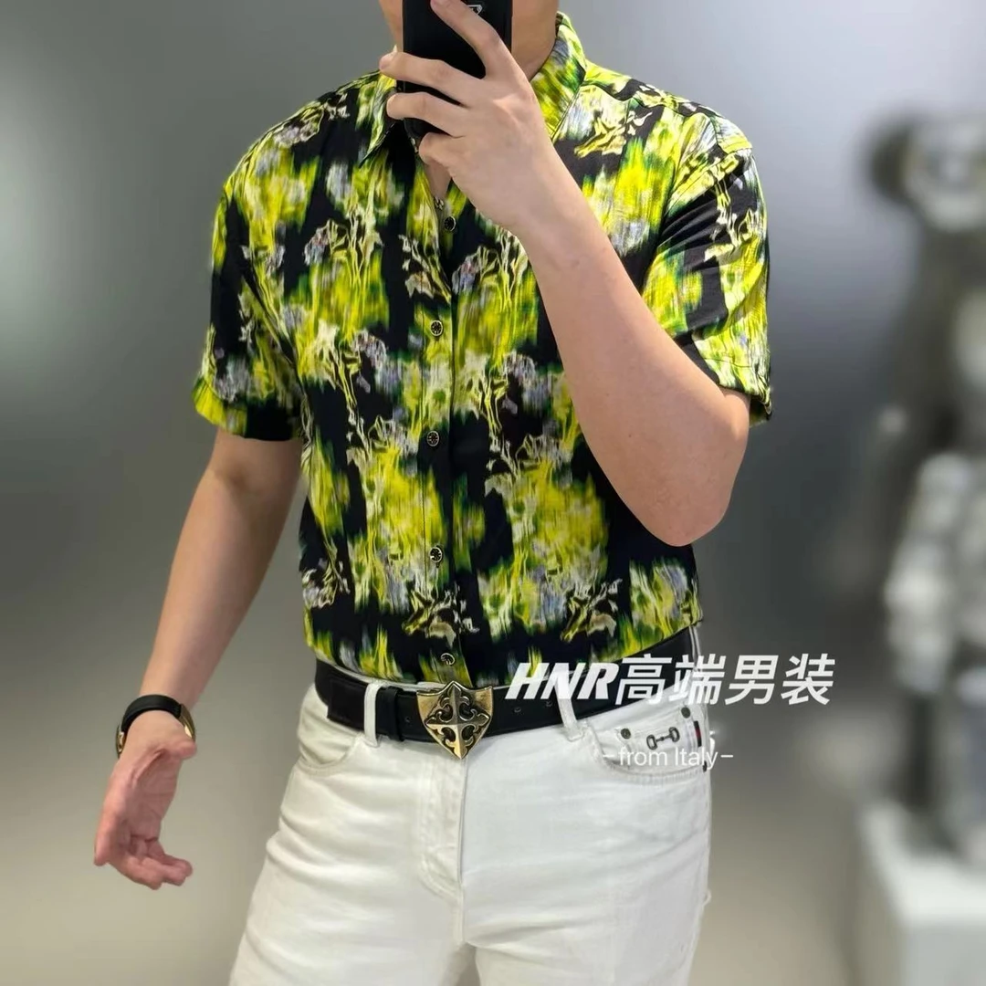 火焰印花图案2024新款潮流男士时尚休闲夏季个性百搭衬衫63387