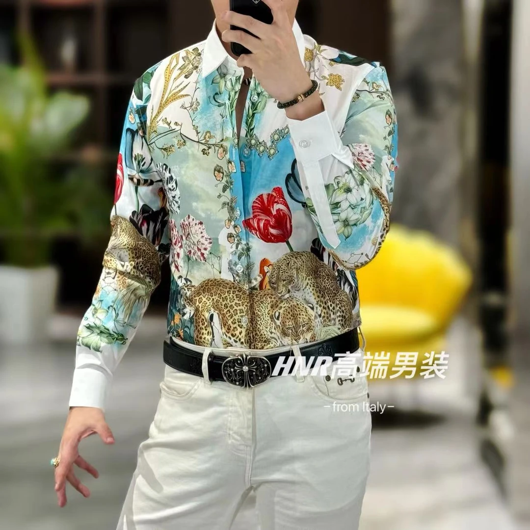 金钱豹富贵繁花图案2024新款休闲男装气质秋季时尚翻领衬衫82426