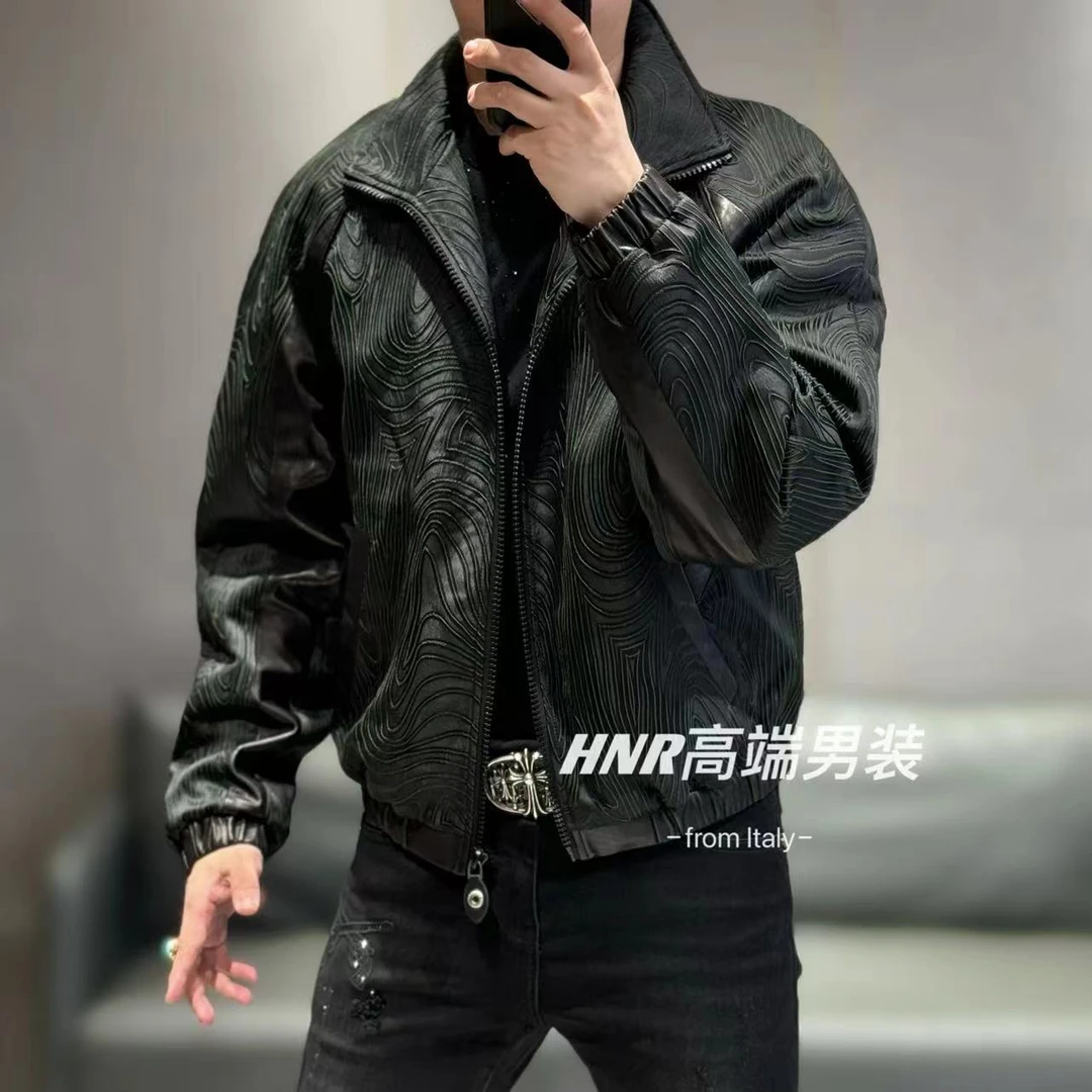 【乔治雷迪尼品牌】绵羊皮拼接立体水波纹设计新款男士夹克241